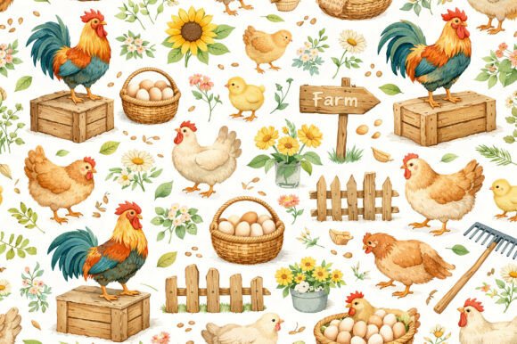 Download Farm Chicken &amp; Eggs Seamless PNG Pattern - Chic Collection